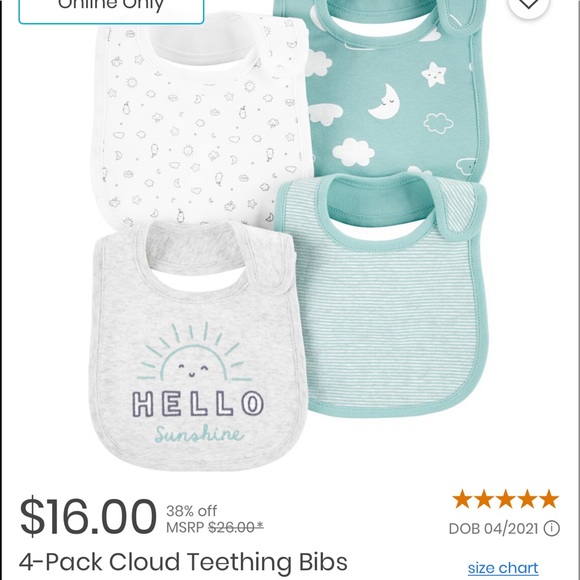 CARTERβS || Cloud Teething Baby Bibs 4-Pack | Teal Blue White Gray || One-Size - Picture 8 of 8